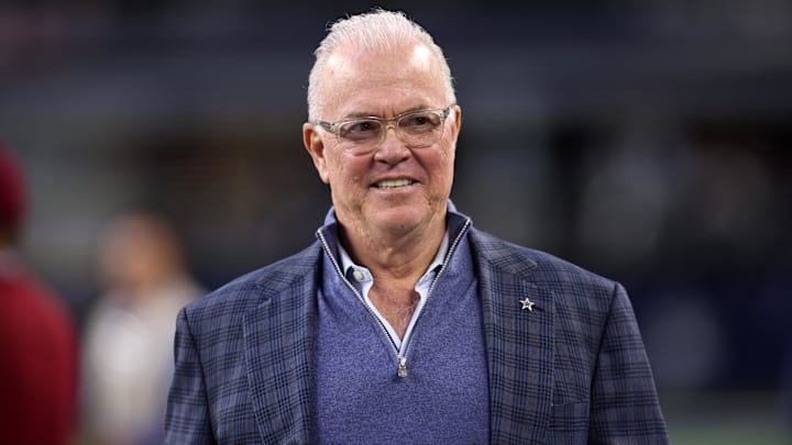 Dec 22, 2024; Arlington, Texas, USA; Dallas Cowboys CEO Stephen Jones walks on the field before the game against the Tampa Bay Buccaneers at AT&T Stadium. Mandatory Credit: Tim Heitman-Imagn Images