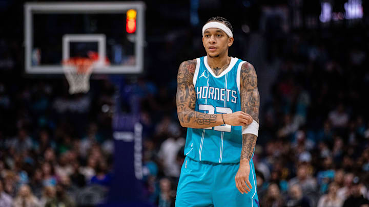 Nov 8, 2024; Charlotte, North Carolina, USA; Charlotte Hornets guard Tre Mann (23) during the second quarter against the Indiana Pacers at Spectrum Center. Mandatory Credit: Scott Kinser-Imagn Images