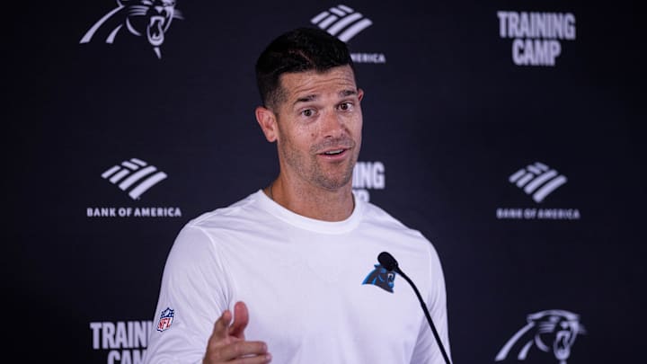 Jul 24, 2025; Charlotte, NC, USA; Carolina Panthers head coach Dave Canales speaks to the media after practice at training camp. Mandatory Credit: Scott Kinser-Imagn Images