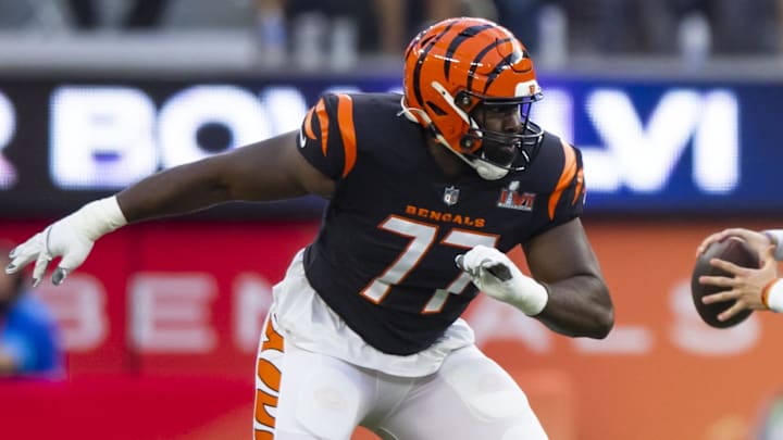 Feb 13, 2022; Inglewood, CA, USA; Cincinnati Bengals guard Hakeem Adeniji (77) against the Los