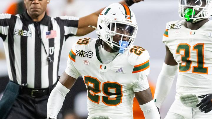 Jan 19, 2026; Miami Gardens, FL, USA; Miami Hurricanes defensive back OJ Frederique Jr. (29) against the Indiana Hoosiers during the College Football Playoff National Championship game at Hard Rock Stadium. Mandatory Credit: Mark J. Rebilas-Imagn Images