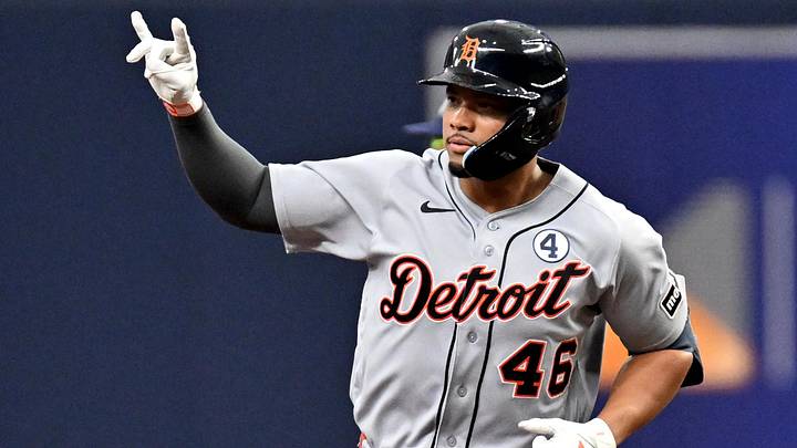 Detroit Tigers right fielder Wenceel Perez (46) reacts after hitting a two-run home run. 