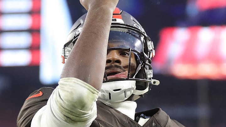 Cleveland Browns quarterback Shedeur Sanders (12) celebrates after throwing a touchdown pass to tight end Harold Fannin Jr. (44) during the second half of an NFL football game at Huntington Bank Field, Dec. 7, 2025, in Cleveland, Ohio.