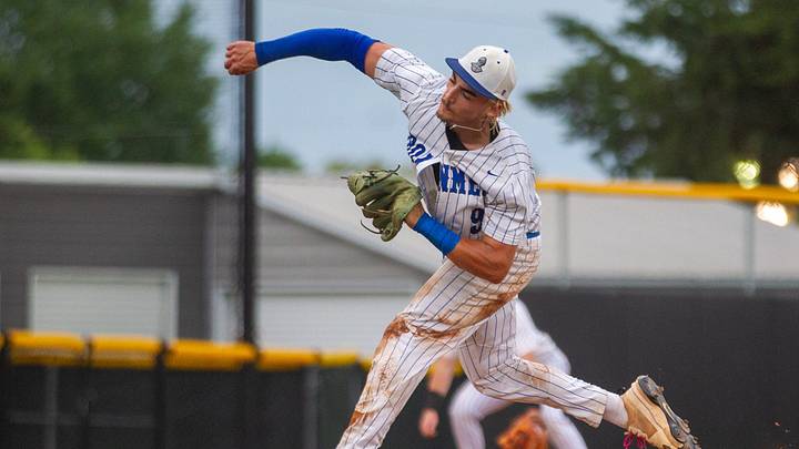 Cherryville pitcher Brock Bumgardner sends a pitch toward home plate during his no-hitter against Rosewood in Game 1 of the NCHSAA 2A state championship series on May 27, 2026 in Burlington. Cherryville pitcher Brock Bumgardner sends a pitch toward home plate during his no-hitter against Rosewood in Game 1 of the NCHSAA 2A state championship series on May 27, 2026 in Burlington.