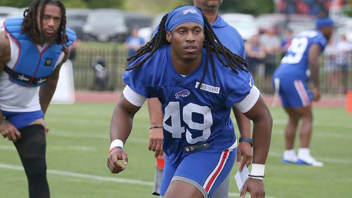 Bills linebacker Keonta Jenkins works extra coverage reps in before day three of Buffalo Bills training camp at St. John Fisher University Friday, July 25, 2025 in Pittsford, NY.
