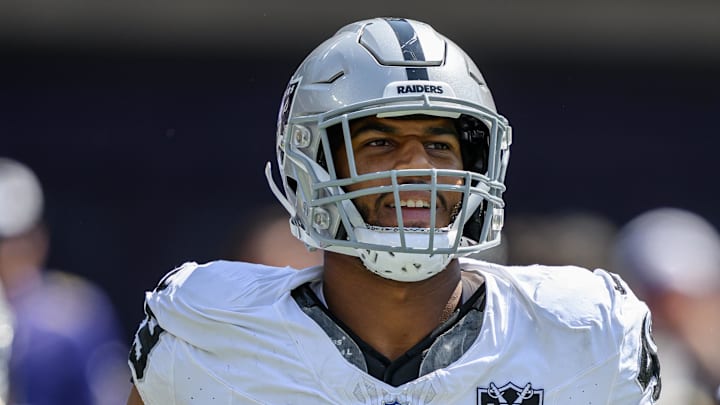 Sep 15, 2024; Baltimore, Maryland, USA; Las Vegas Raiders defensive end Charles Snowden (49) jogs on the field before the game against the Baltimore Ravens at M&T Bank Stadium. Mandatory Credit: Reggie Hildred-Imagn Images