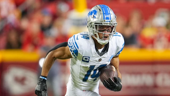 Sep 7, 2023; Kansas City, Missouri, USA; Detroit Lions wide receiver Amon-Ra St. Brown (14) runs