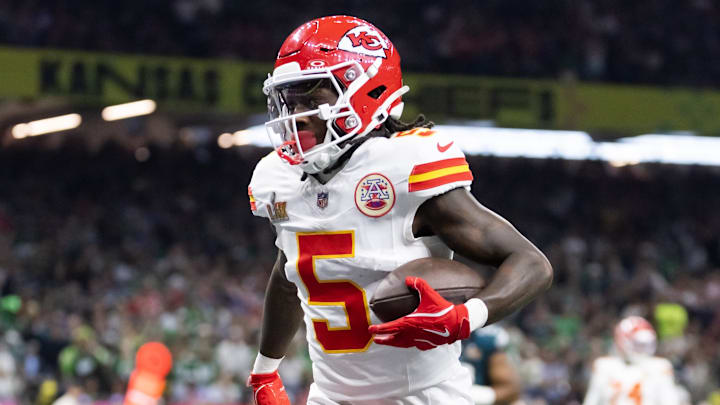 Feb 9, 2025; New Orleans, LA, USA;  Kansas City Chiefs wide receiver Marquise Brown (5) against the Philadelphia Eagles in Super Bowl LIX at Ceasars Superdome. Mandatory Credit: Mark J. Rebilas-Imagn Images