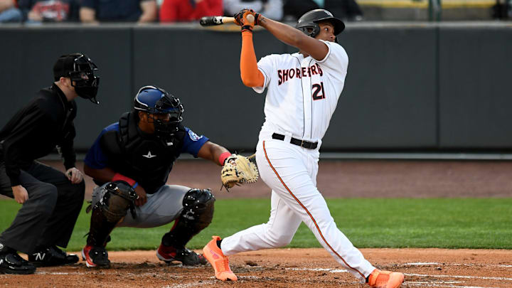Shorebirds' Samuel Basallo (21) swings in the game against the Cannon Ballers Tuesday, April 11, 2023, at Perdue Stadium in Salisbury, Maryland. The Shorebirds defeated the Cannon Ballers 7-2.