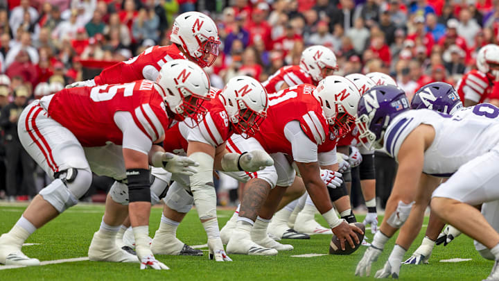 The Nebraska offensive line readies for a snap against Northwestern on Oct. 25, 2025.