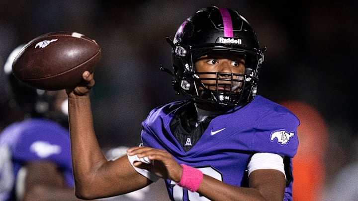 Lipscomb Academy's Ty Snell (18) throws against MBA during their game at Lipscomb Academy in Nashville, Tenn., Friday, Oct. 11, 2024.