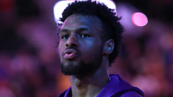 Los Angeles Lakers guard Bronny James (9) stands during the National Anthem before the Lakers play Portland Trail Blazers at Moda Center.