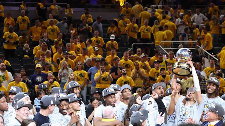 May 31, 2025; Indianapolis, Indiana, USA; The Indiana Pacers reaxt after recieving the trophy after game six of the eastern conference finals against the New York Knicks for the 2025 NBA Playoffs at Gainbridge Fieldhouse. Mandatory Credit: Trevor Ruszkowski-Imagn Images