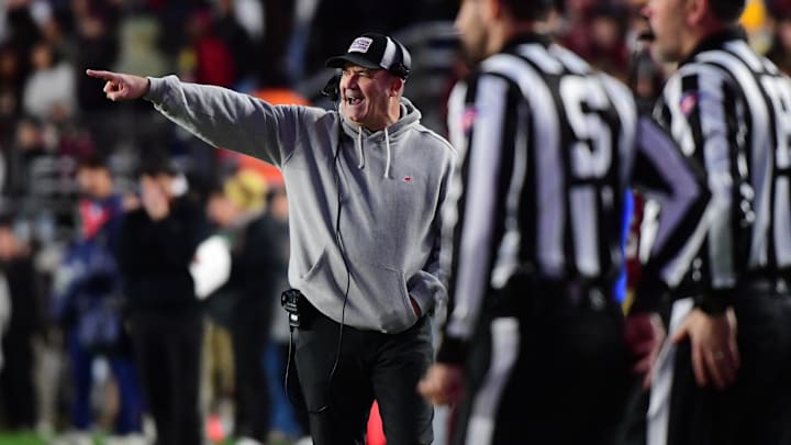 Nov 15, 2025; Chestnut Hill, Massachusetts, USA;  Boston College Eagles head coach Bill O'Brien reacts during the first half against Georgia Tech Yellow Jackets at Alumni Stadium. Mandatory Credit: Bob DeChiara-Imagn Images