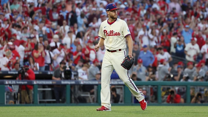 Oct 5, 2024; Philadelphia, PA, USA; Philadelphia Phillies pitcher Zack Wheeler (45) reacts in the seventh inning against the New York Mets in game one of the NLDS for the 2024 MLB Playoffs at Citizens Bank Park. 