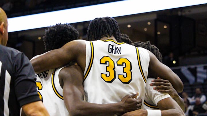 Dec. 3, 2024; Columbia, Missouri, USA; Missouri Tigers center Josh Gray (33)  huddles with teammates during a game against the California Golden Bears at Mizzou Arena. 