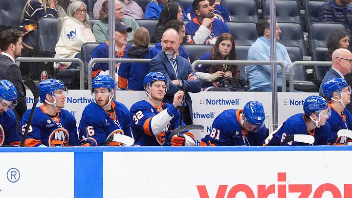 Apr 11, 2026; Elmont, New York, USA; New York Islanders head coach Peter DeBoer in the third period against the Ottawa Senators at UBS Arena. Mandatory Credit: Alexander Wohl-Imagn Images