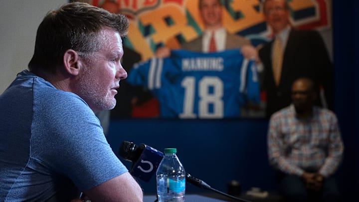 Indianapolis Colts General Manager Chris Ballard speaks to the press in a pre-draft press conference Monday, April 21, 2025 at the Colts headquarters, the Indiana Farm Bureau Football Center.