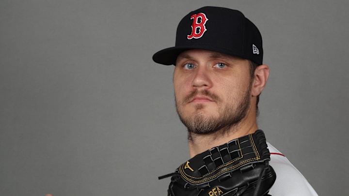 Feb 17, 2026; Lee County, FL, USA;  Boston Red Sox pitcher Tanner Houck (89) poses for a photo during media day at JetBlue Park. Mandatory Credit: Kim Klement Neitzel-Imagn Images