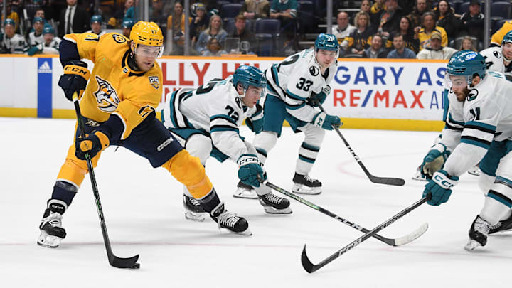 Mar 19, 2024; Nashville, Tennessee, USA; Nashville Predators center Mark Jankowski (17) shoots the