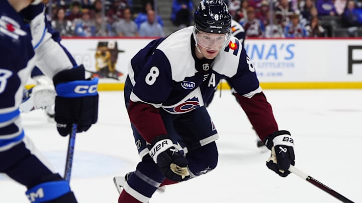 Mar 28, 2026; Denver, Colorado, USA; Colorado Avalanche defenseman Cale Makar (8) during the third period against the Winnipeg Jets at Ball Arena. Mandatory Credit: Ron Chenoy-Imagn Images