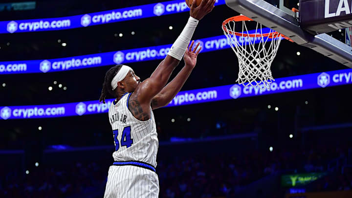 Feb 24, 2026; Los Angeles, California, USA; Orlando Magic center Wendell Carter Jr. (34) shoots against the Los Angeles Lakers during the first half at Crypto.com Arena. Mandatory Credit: Gary A. Vasquez-Imagn Images