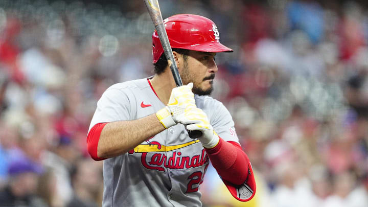 Jul 22, 2025; Denver, Colorado, USA; St. Louis Cardinals third baseman Nolan Arenado (28) on deck in the first inning against the Colorado Rockies at Coors Field. Mandatory Credit: Ron Chenoy-Imagn Images