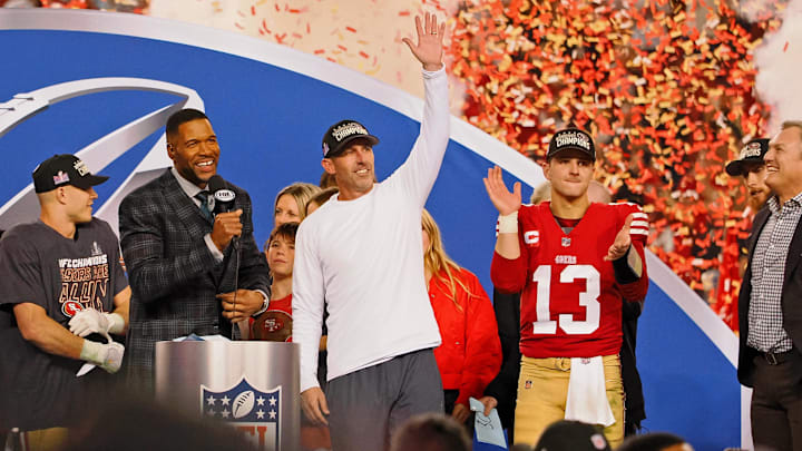 Jan 28, 2024; Santa Clara, California, USA; San Francisco 49ers head coach Kyle Shanahan waves to fans after winning the NFC Championship football game against the Detroit Lions at Levi's Stadium. Mandatory Credit: Kelley L Cox-USA TODAY Sports