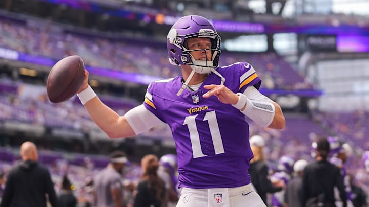 Aug 9, 2025; Minneapolis, Minnesota, USA; Minnesota Vikings quarterback Brett Rypien (11)warms up before the game against the Houston Texans at U.S. Bank Stadium. Aug 9, 2025; Minneapolis, Minnesota, USA; Minnesota Vikings quarterback Brett Rypien (11)warms up before the game against the Houston Texans at U.S. Bank Stadium.
