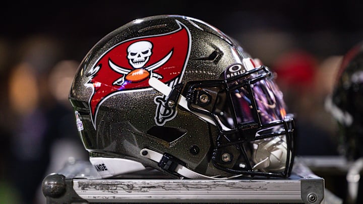 Detailed view of the Tampa Bay Buccaneers helmet against the New Orleans Saints. Detailed view of the Tampa Bay Buccaneers helmet against the New Orleans Saints.