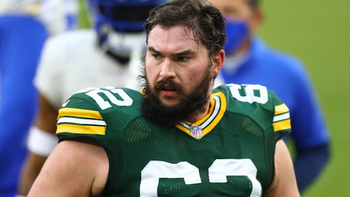 Former Green Bay Packers guard Lucas Patrick (62) against the Los Angeles Rams during the NFC Divisional Round at Lambeau Field.