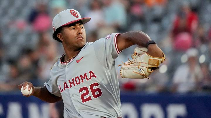 May 21, 2025; Hoover, AL, USA; Oklahoma pitcher Kyson Witherspoon (26) pitches against Georgia in the second round of the SEC Baseball Tournament at the Hoover Met.