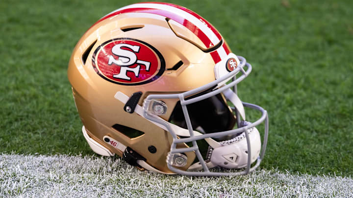 Jan 5, 2025; Glendale, Arizona, USA; Detailed view of a San Francisco 49ers helmet at State Farm Stadium. Mandatory Credit: Mark J. Rebilas-Imagn Images