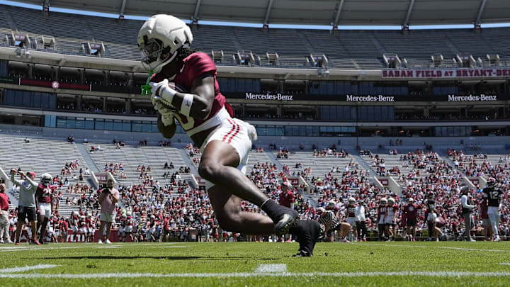 Apr 12, 2025; Tuscaloosa, AL, USA;  Alabama wide receiver Jalen Hale (8) catches a pass during A-Day at Bryant-Denny Stadium. Mandatory Credit: Gary Cosby Jr.-Imagn Images
