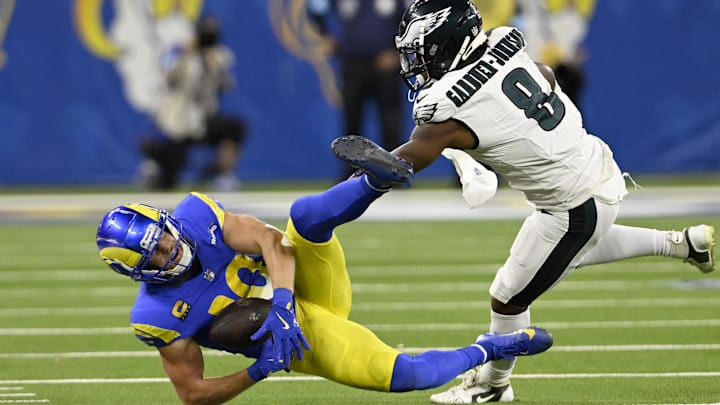 Nov 24, 2024; Inglewood, California, USA; Los Angeles Rams wide receiver Cooper Kupp (10) gets upended by Philadelphia Eagles safety C.J. Gardner-Johnson (8) after a catch during the second half at SoFi Stadium. Mandatory Credit: Alex Gallardo-Imagn Images Nov 24, 2024; Inglewood, California, USA; Los Angeles Rams wide receiver Cooper Kupp (10) gets upended by Philadelphia Eagles safety C.J. Gardner-Johnson (8) after a catch during the second half at SoFi Stadium. Mandatory Credit: Alex Gallardo-Imagn Images