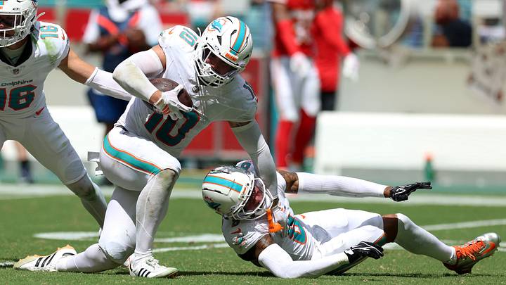 Miami Dolphins linebacker Jacob Rodriguez (10) with the ball after making an interception against the Kansas City Chiefs during the second quarter at Hard Rock Stadium. Miami Dolphins linebacker Jacob Rodriguez (10) with the ball after making an interception against the Kansas City Chiefs during the second quarter at Hard Rock Stadium.
