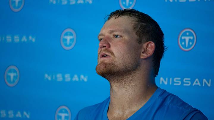 Tennessee Titans guard Cordell Volson (73) addresses the media during minicamp at Vanderbilt Health Football Center Tuesday, Aug. 4, 2026. Tennessee Titans guard Cordell Volson (73) addresses the media during minicamp at Vanderbilt Health Football Center Tuesday, Aug. 4, 2026.