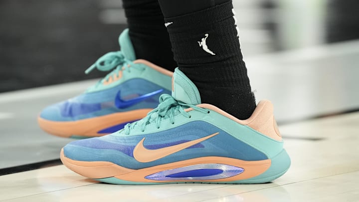 Las Vegas Aces center A'ja Wilson wears the Nike A'One EYBL "Peach Jam" colorway.