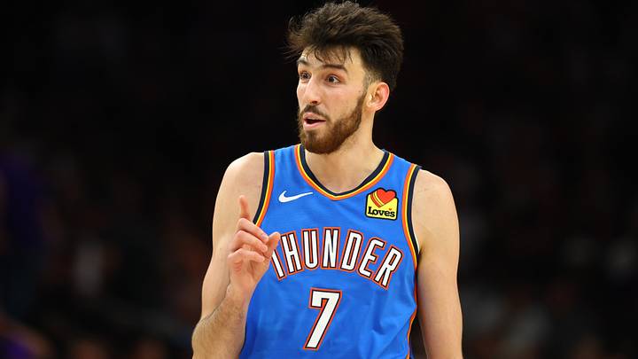 Apr 27, 2026; Phoenix, Arizona, USA; Oklahoma City Thunder center Chet Holmgren (7) against the Phoenix Suns during game four of the first round of the 2026 NBA Playoffs at Mortgage Matchup Center. Mandatory Credit: Mark J. Rebilas-Imagn Images