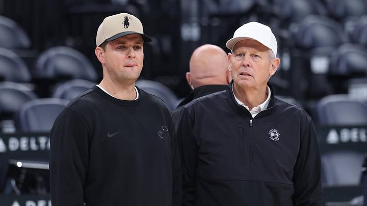 Oct 27, 2025; Salt Lake City, Utah, USA; Utah Jazz head coach Will Hardy (left) and CEO of basketball operations Danny Ainge (right) speak before the game against the Phoenix Suns at Delta Center. Mandatory Credit: Rob Gray-Imagn Images