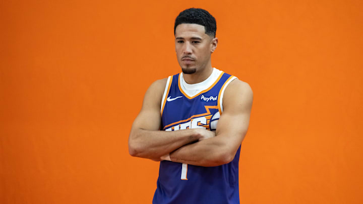 Sep 24, 2025; Phoenix, AZ, USA; Phoenix Suns guard Devin Booker (1) poses for portrait during Media Day at PHX Arena. Mandatory Credit: Mark J. Rebilas-Imagn Images Sep 24, 2025; Phoenix, AZ, USA; Phoenix Suns guard Devin Booker (1) poses for portrait during Media Day at PHX Arena. Mandatory Credit: Mark J. Rebilas-Imagn Images