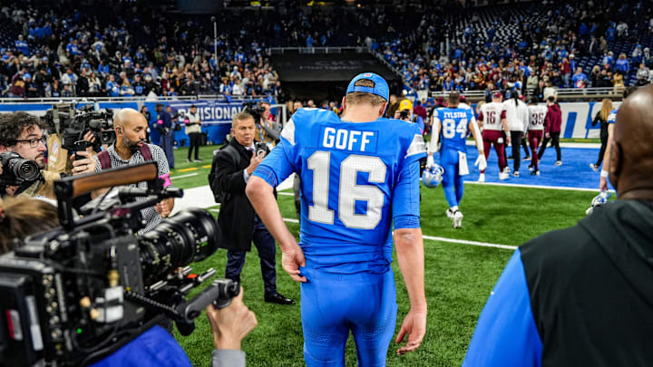 Detroit Lions quarterback Jared Goff walks off the field after losing to the Washington Commanders 45-31 in the NFC divisional round of the NFL playoffs at Ford Field in Detroit, Saturday, Jan. 18, 2025.
