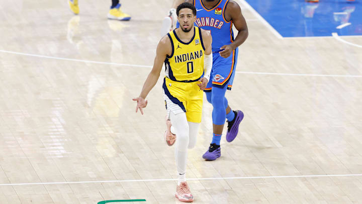Jun 22, 2025; Oklahoma City, Oklahoma, USA; Indiana Pacers guard Tyrese Haliburton (0) reacts after against the Oklahoma City Thunder during the first half of game seven of the 2025 NBA Finals at Paycom Center. Mandatory Credit: Alonzo Adams-Imagn Images