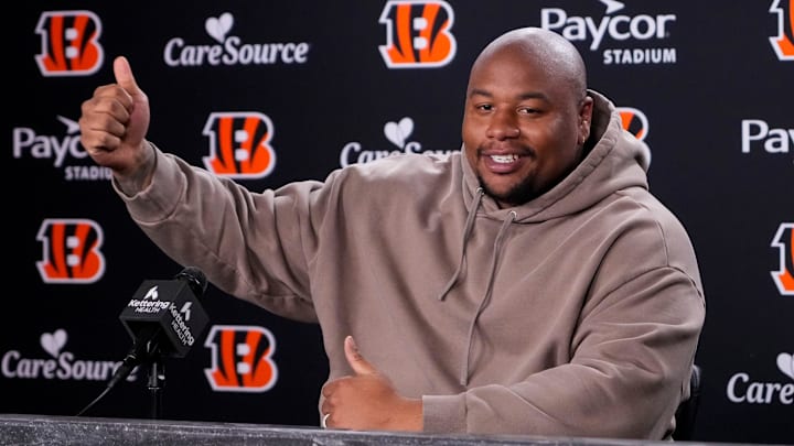 Newly signed Cincinnati Bengals defense tackle Dexter Lawrence speaks in a press conference for the first time since joining the team at Paycor Stadium in Cincinnati on Monday, April 20, 2026.
