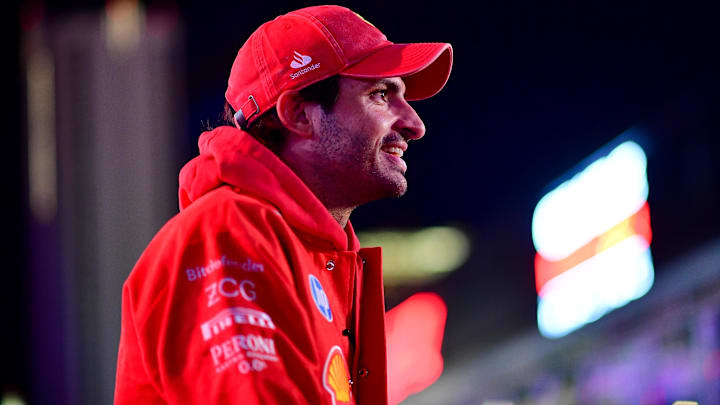 Nov 20, 2024; Las Vegas, Nevada, USA; Scuderia Ferrari driver Carlos Sainz (55) during media availabilities at Las Vegas Circuit. Mandatory Credit: Gary A. Vasquez-Imagn Images