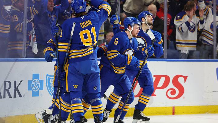 May 8, 2026; Buffalo, New York, USA; Buffalo Sabres left wing Zach Benson (6) celebrates his goal with teammates during the second period against the Montréal Canadiens in game two of the second round of the 2026 Stanley Cup Playoffs at KeyBank Center. Mandatory Credit: Timothy T. Ludwig-Imagn Images