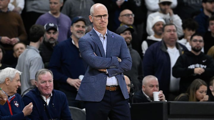 Mar 1, 2025; Providence, Rhode Island, USA; Connecticut Huskies head coach Dan Hurley looks on during the second half against the Providence Friars at Amica Mutual Pavilion. Mandatory Credit: Eric Canha-Imagn Images Mar 1, 2025; Providence, Rhode Island, USA; Connecticut Huskies head coach Dan Hurley looks on during the second half against the Providence Friars at Amica Mutual Pavilion. Mandatory Credit: Eric Canha-Imagn Images