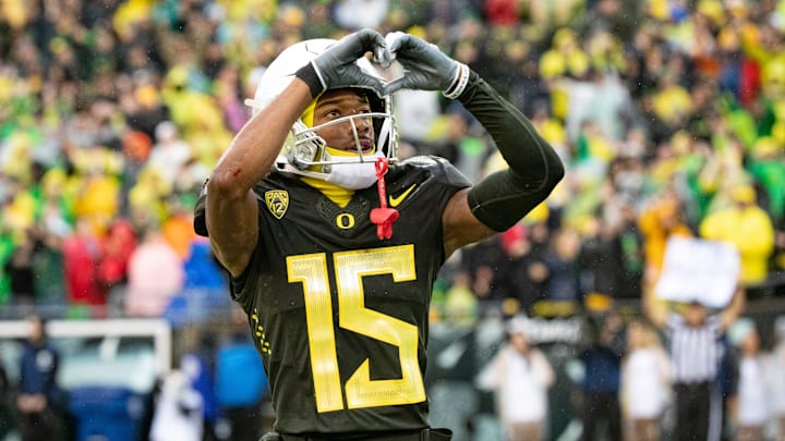 Oregon wide receiver Tez Johnson celebrates a touchdown as the No. 6 Oregon Ducks host California Saturday, Nov. 4, 2023, at Autzen Stadium in Eugene, Ore.
