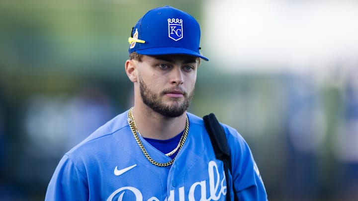 Mar 4, 2023; Surprise, Arizona, USA; Kansas City Royals designated hitter Carter Jensen against the Los Angeles Dodgers during a spring training game at Surprise Stadium. Mandatory Credit: Mark J. Rebilas-Imagn Images