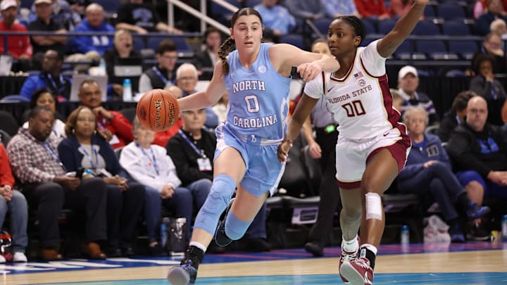 Mar 7, 2025; Greensboro, NC, USA;  North Carolina Tar Heels guard Lanie Grant (0) drives to the basket during the second quarter at First Horizon Coliseum. Mandatory Credit: Cory Knowlton-Imagn Images